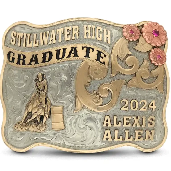 Celebrate with the custom Graduate Belt Buckle featuring a hand engraved German Silver base. Adorned with Jeweler's Bronze letters, a banner, scrollwork. Personalize it with a rodeo figure or your own custom logo for a personal touch!